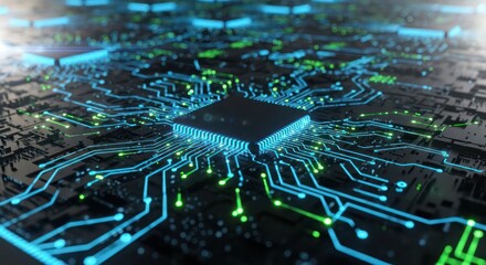 Illuminated Circuit Board: Futuristic Technology with Glowing Blue and Green Lines