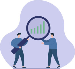 Two colleagues analyze a growth chart with a giant magnifying glass, representing teamwork, data analysis, and business intelligence
