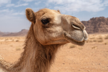 A dromedary camel's head in a vast desert landscape