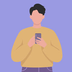 A flat vector illustration of a young man using a smartphone, representing modern communication and digital connectivity