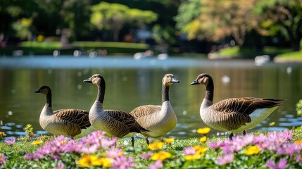 Fototapeta premium Four geese stand near a lake, among colorful flowers and green grass. Show harmony with nature or the beauty of wildlife in natural habitats.