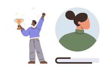 Person celebrating victory with a trophy, abstract profile portrait, and book element. Ideal for success, achievements, recognition, learning, education motivation self-improvement. Simple flat