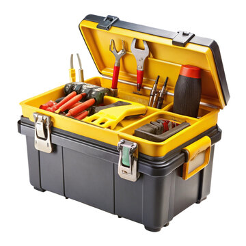 Yellow and black toolbox with various tools inside open lid