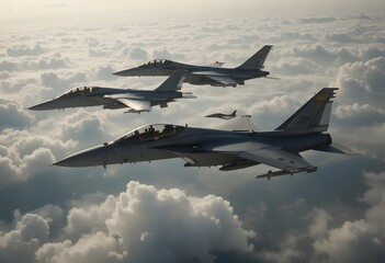 Dynamic aerial display of fighter jets soaring above the clouds, showcasing military prowess and advanced aviation