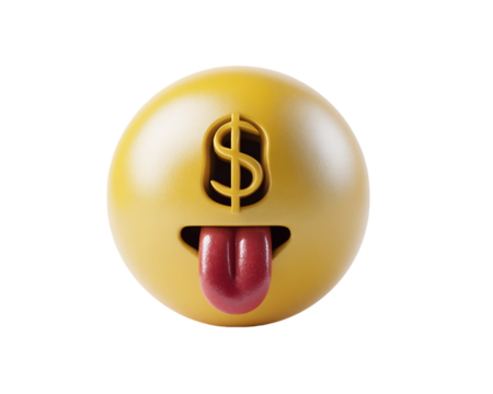 3D Render of a Yellow Emoji Sphere with a Dollar Sign and Tongue Sticking Out on a Transparent Background, PNG - Powered by Adobe