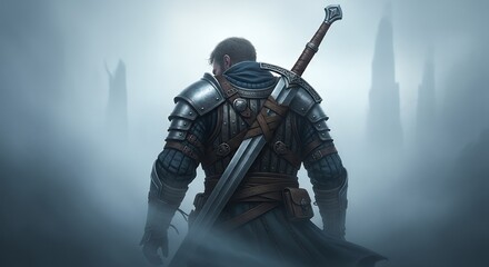 Medieval Warrior with Sword and Shield Standing in Misty Forest Landscape