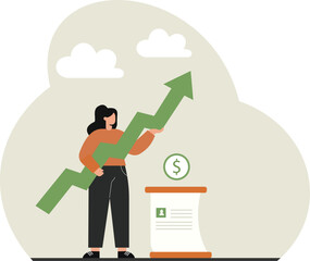 A woman holds a large green arrow pointing up, symbolizing financial growth, successful investment, and career progress