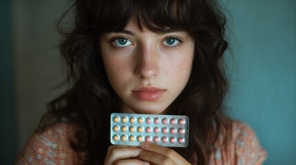 Woman holding birth control pills