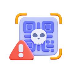 3D icon of a QR code with a skull and warning sign For malicious QR code, payment scam, phishing attempt, cybersecurity warning.
