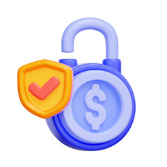3D icon of a financial padlock with a security shield For secure payment, financial protection, safe transaction, encrypted payment.