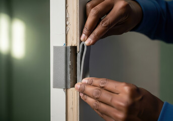 Skilled hands install weatherproofing adhesive seal strip on wooden door frame for insulation and energy efficiency, improving home protection and comfort