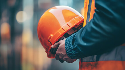 A construction worker holding an orange hard hat with a blurred background in a close up shot view