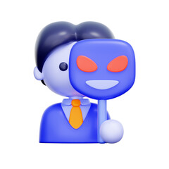 3D icon of a person hiding behind a scammer mask For imposter scam, fake identity, financial fraudster, social engineering.