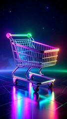 Neon shopping cart in dark digital space