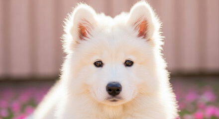 Obraz premium Fluffy white samoyed puppy sitting outdoors, looking directly at the camera with soft pink flowers in the background