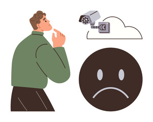 Thoughtful man observing a security camera hovering within a cloud and a sad face symbol. Ideal for privacy, surveillance, security, emotions, ethical dilemmas, contemplation, online safety. Simple