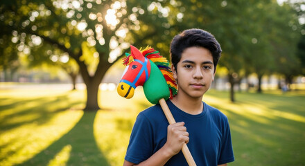 Calm teenage boy stands in sunlit green park holding colorful toy horse on stick, looking thoughtful and relaxed in peaceful outdoor environment