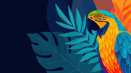 Colorful parrot on tropical leaves illustration