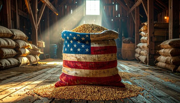 American flag design sack filled with grains in a rustic barn illuminated by sunlight