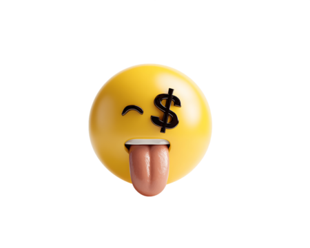 3D Render of Yellow Money-Mouth Emoji with Tongue Out on Transparent Background, PNG