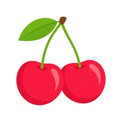 Two red cherries with green leaves
