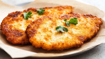 Crispy golden brown breaded chicken cutlets garnished with fresh parsley
