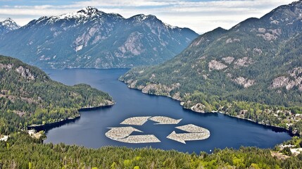A serene lake shaped like a recycling symbol in a forested valley, viewed from above.