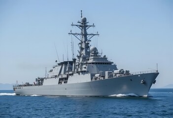 Modern military warship gliding through the ocean, showcasing naval power and maritime defense strategies