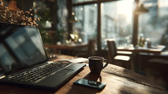 Sunlit remote workspace with a laptop coffee cup and smartphone on a rustic wooden table.