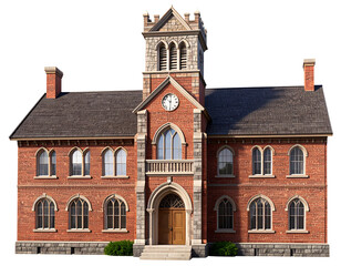 Obraz premium Classic Brick Schoolhouse with Clock Tower Realistic 3D Illustration Isolated