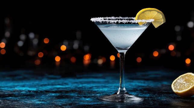 Elegant martini cocktail with sugared rim and lemon garnish