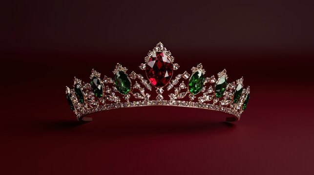 Elegant gold crown with emeralds and ruby on red