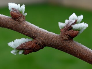 Frosty tree branch with buds in winter.
