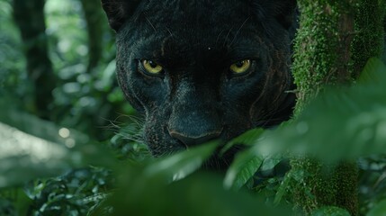 Intense black panther stares from jungle foliage.