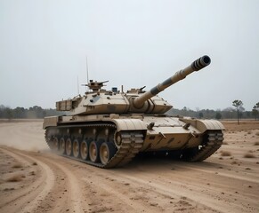Powerful military tank maneuvers across desert terrain, showcasing strength and defense capabilities in action