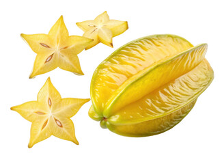 Fototapeta premium Fresh Yellow Starfruit Slices on Black Background with Whole Fruit and Natural Highlights