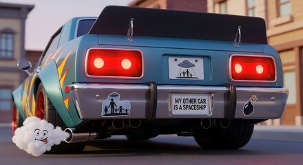 Colorful Cartoon Race Car with Spoiler and Custom License Plate in Urban Setting