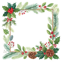 Ornamental Botanical Frame with Pine Leaves, Berries, and Cones on a Transparent Background