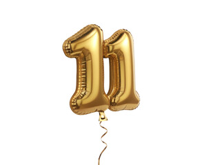 Shiny Gold Foil Number Eleven Balloon for Celebratory Occasions on a Transparent Background