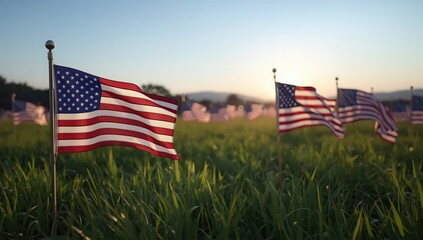 American flags waving in a field of green grass under a clear blue sky at sunset or sunrise time