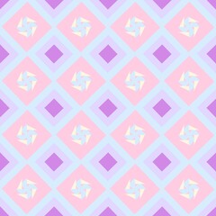 A whimsical and abstract seamless geometric pattern. The design features a repeating grid of layered diamonds in a pastel color palette of pink, baby blue, and purple. 