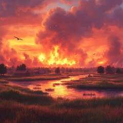 A fiery sunset over a village engulfed in flames.