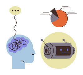 Human head with tangled thoughts, pie chart for analysis, AI robot symbolizing technology and innovation. Ideal for neuroscience, AI, creativity, problem-solving, analytics, teamwork future trends
