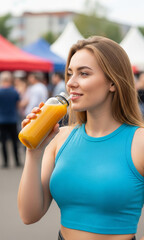 Woman Enjoying Fresh Juice from a Reusable Bottle at a Lively City Festival
