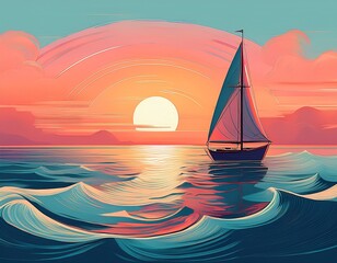 Naklejka premium minimalist illustration of a calm ocean with a single sailboat under a pastel sunse 