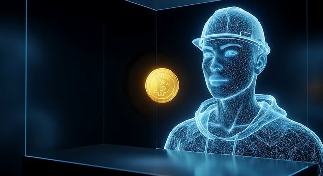 Holographic miner with bitcoin in a digital cube, representing cryptocurrency mining and investment