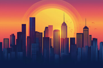 Obraz premium A vibrant, stylized illustration shows a city skyline at sunset. Dark building silhouettes stand against a large, glowing orange sun and a gradient sky.
