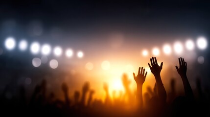 Fototapeta premium Excited crowd hands raised at event