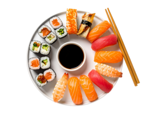 Minimal Flat Lay of Sushi Rolls, Chopsticks and Dipping Sauce on White