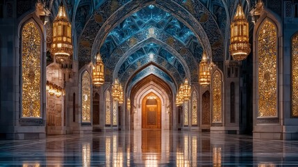 Obraz premium Ornate mosque interior with intricate arabesque patterns on arches and stained glass windows